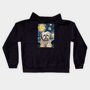 Adorable Lhasa Apso Dog Breed Painting in a Van Gogh Starry Night Art Style Kids Hoodie